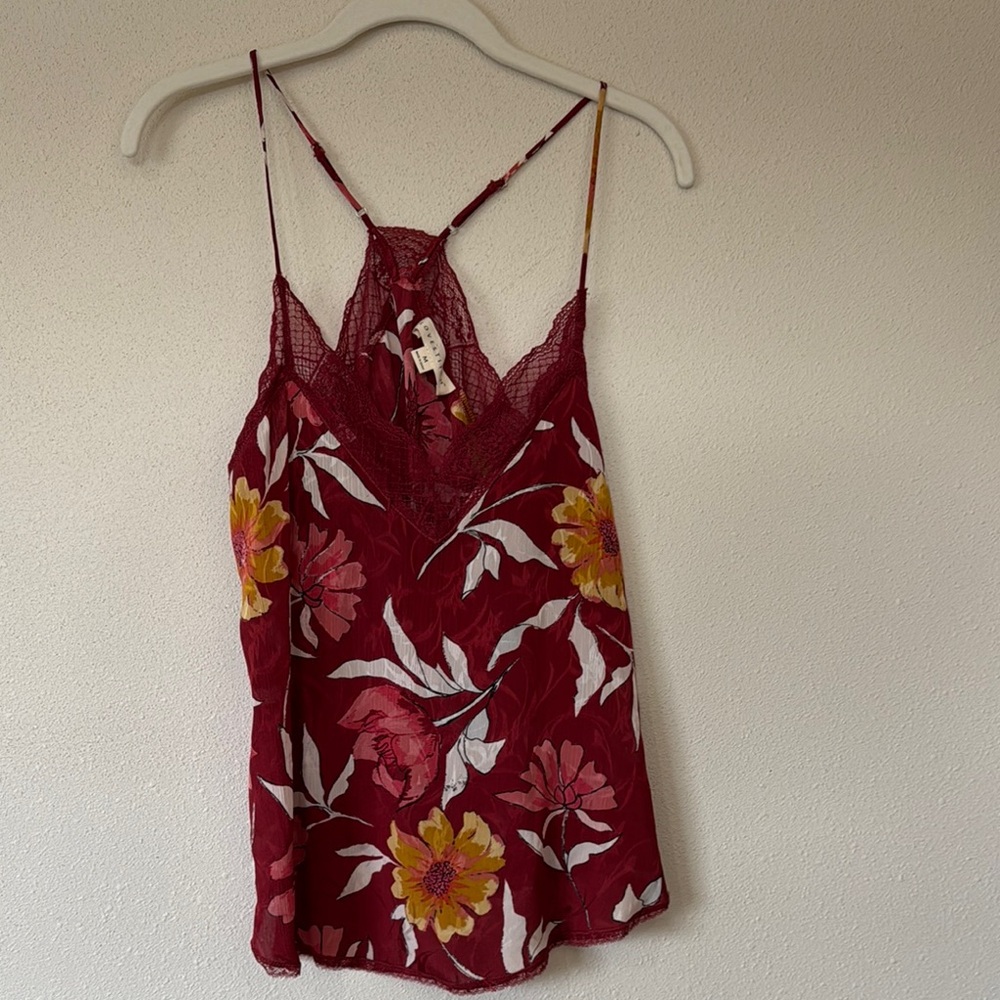 Floral Lace Trim Cami Top - Red